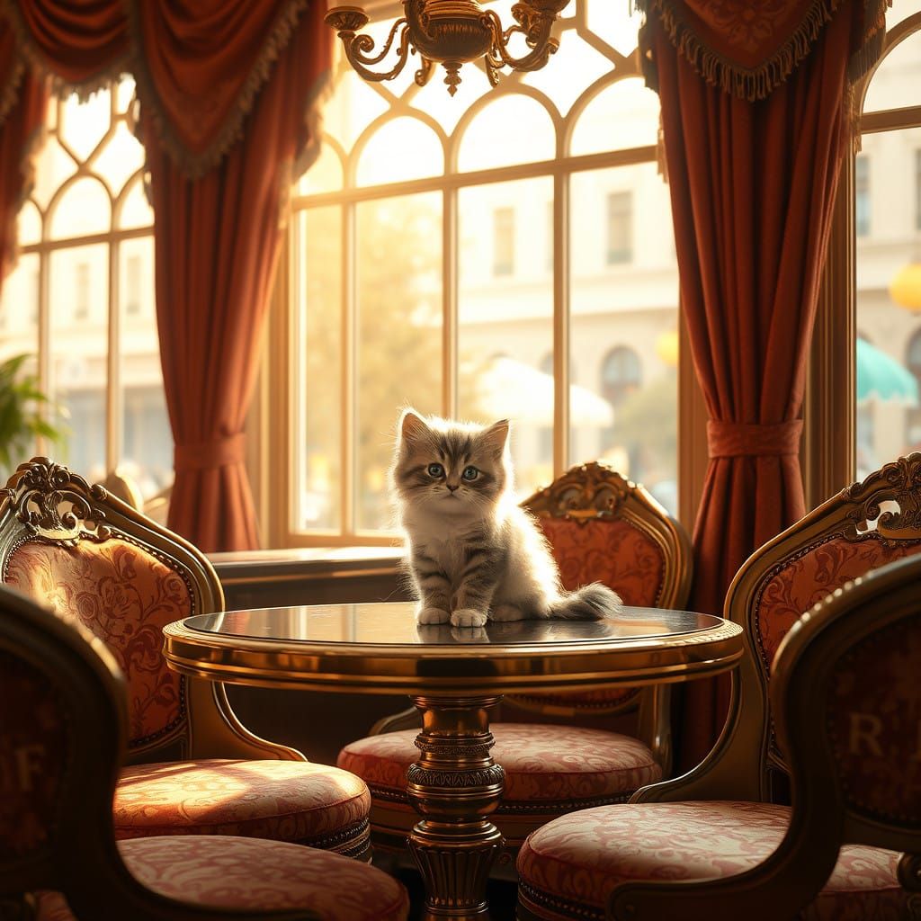 Regal Kitten in Opulent 19th-Century Cafe Setting