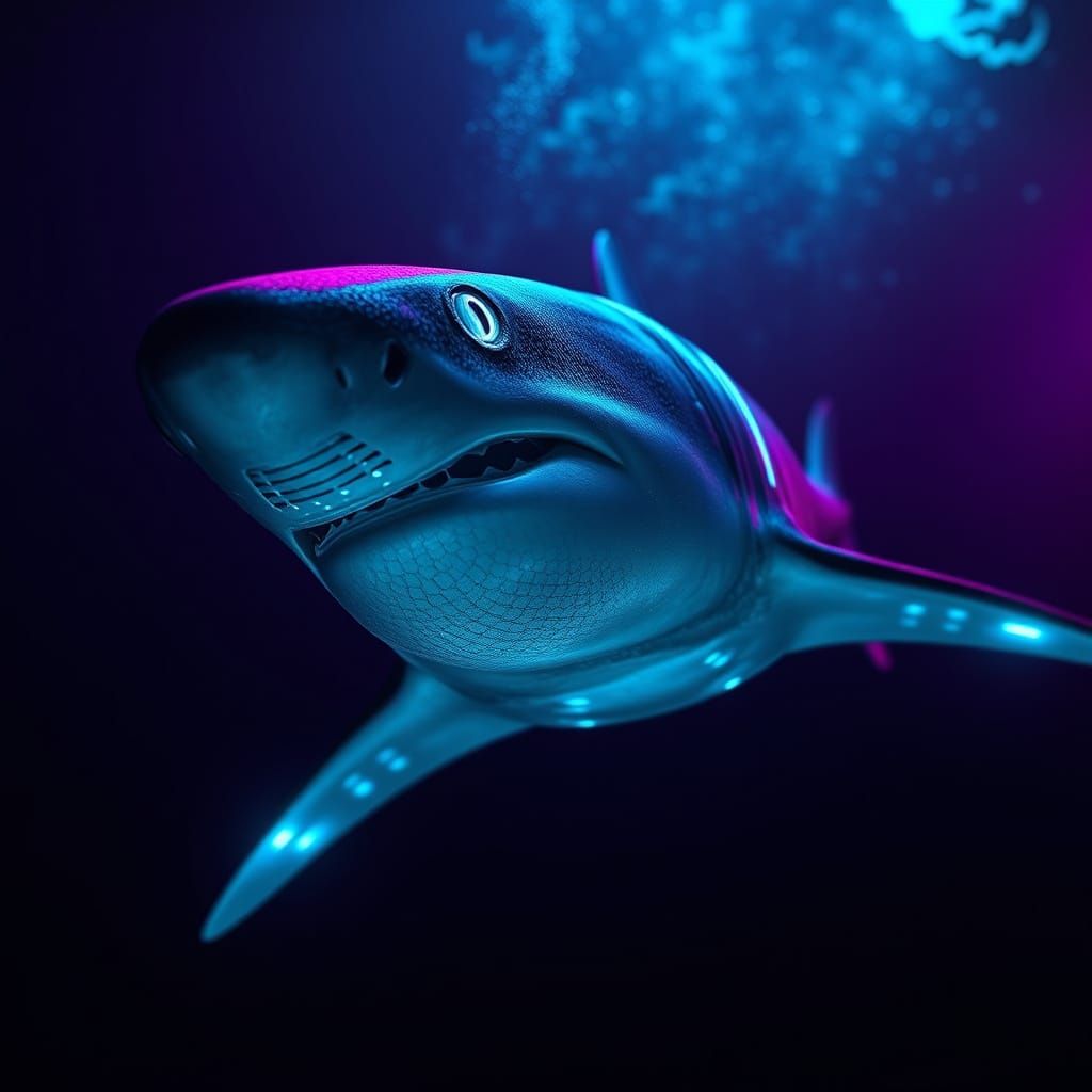 Neon Shark Swimming in Dark Ocean Depths