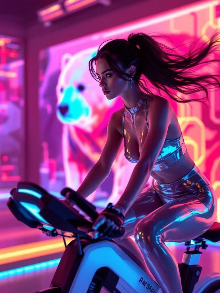 Futuristic Fitness Influencer in Vaporwave Sci-Fi Gym