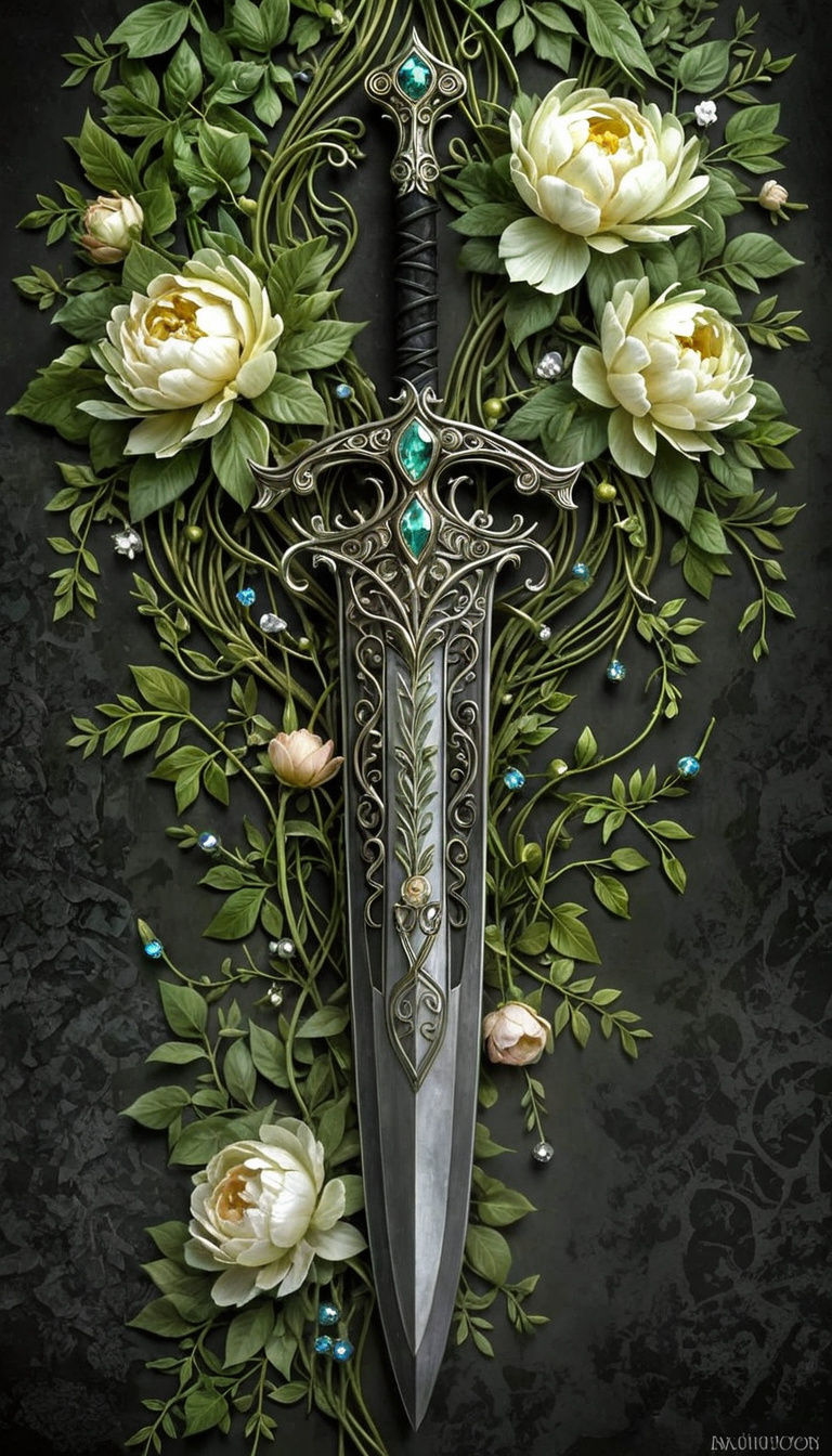 Ornate Elven Greatsword with Vines and Gemstones
