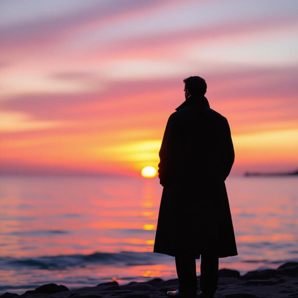 Man Silhouetted at Sunset in Impressionistic Style