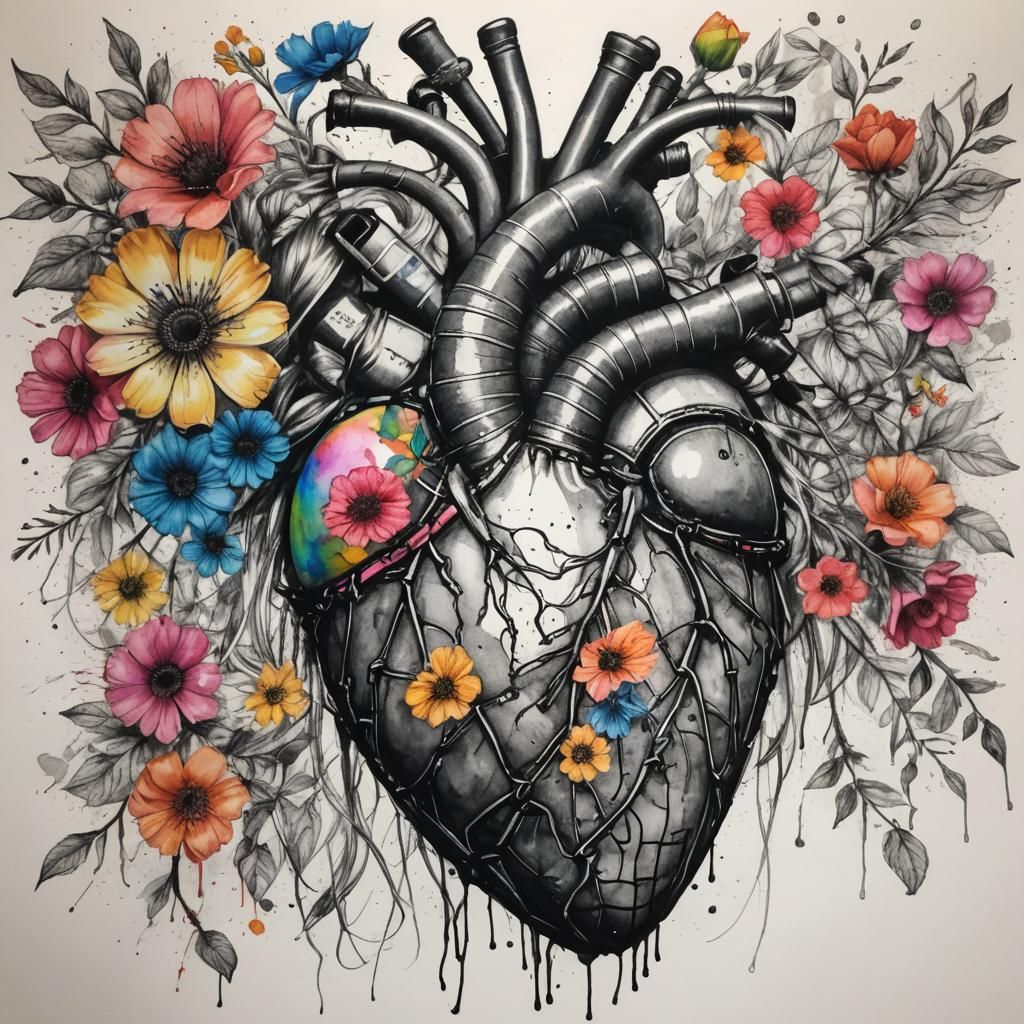 Heart Ink Sketch with Watercolor Flowers and Tennis Girl