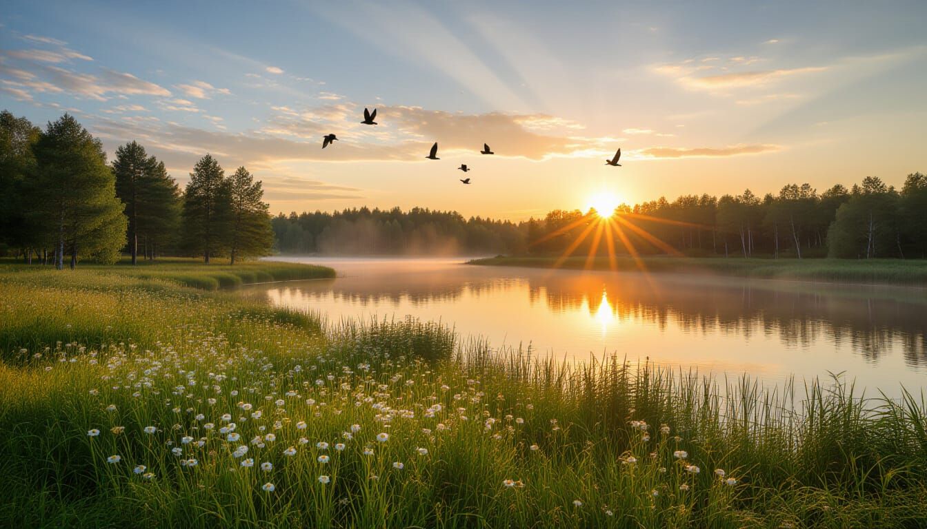 Surrealist Morning Forest Scene with River and Flowers