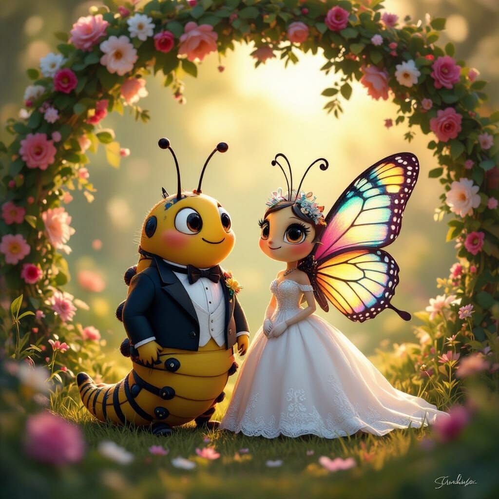 Charming Insect Couple Under Floral Arch, Pixar Style