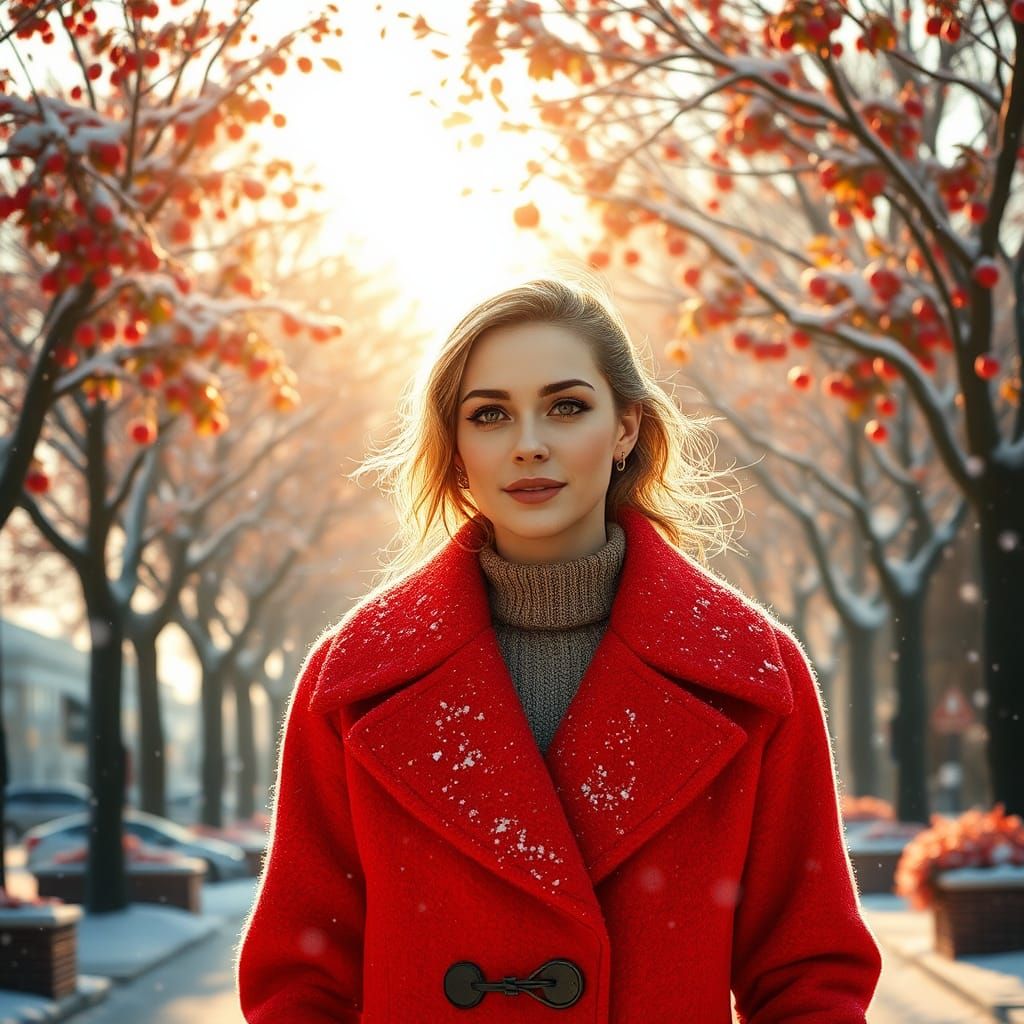 Vibrant Winter Beach Scene with Woman in Red Coat