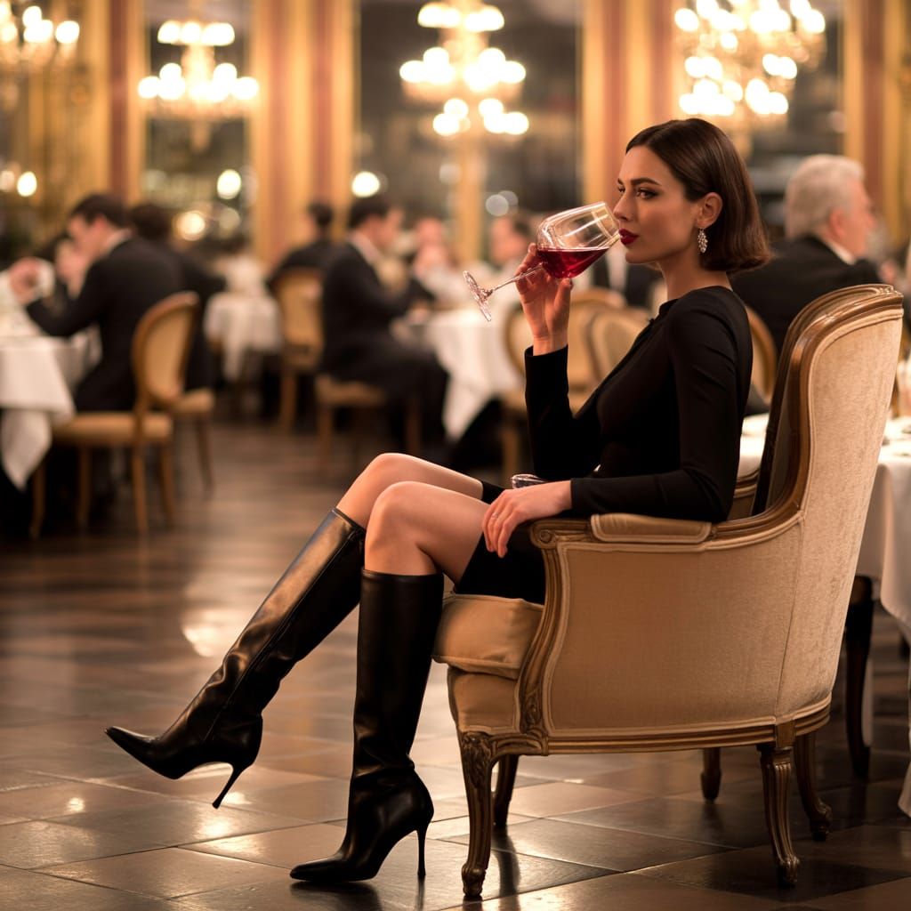 Elegant Woman in Black Dress and Boots in Parisian Restauran...