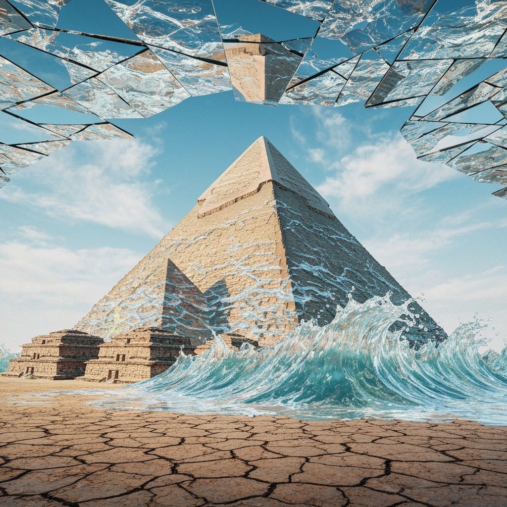 Water Pyramid in Surreal Dreamscape with Mirror Sky