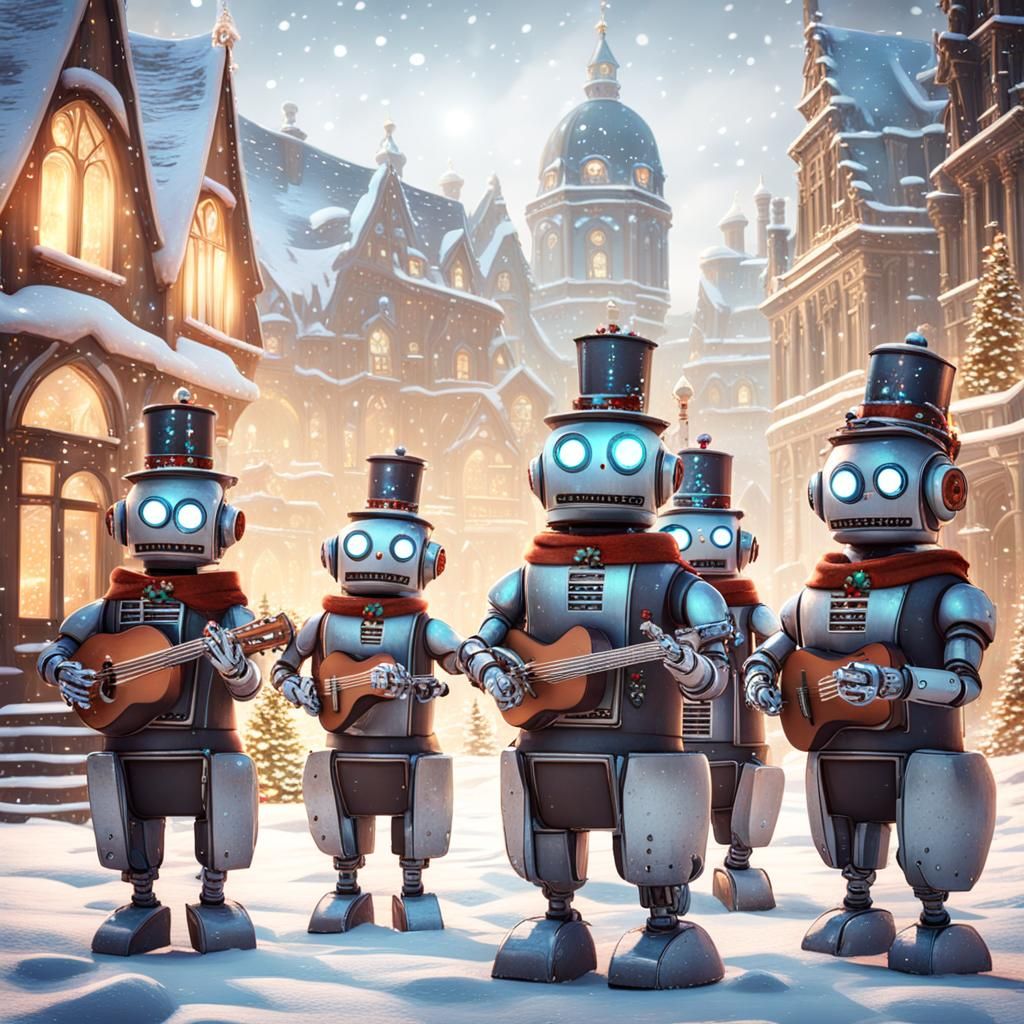 A group of adorable robotic carolers singing cheerful tunes ...