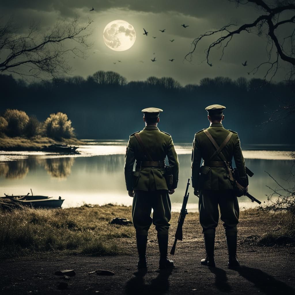 WWII Soldiers Embrace by Moonlit Lake