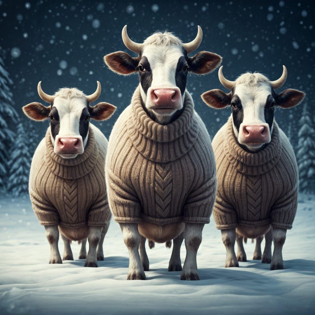 Cows in Sweaters: A Winter Cartoon Scene
