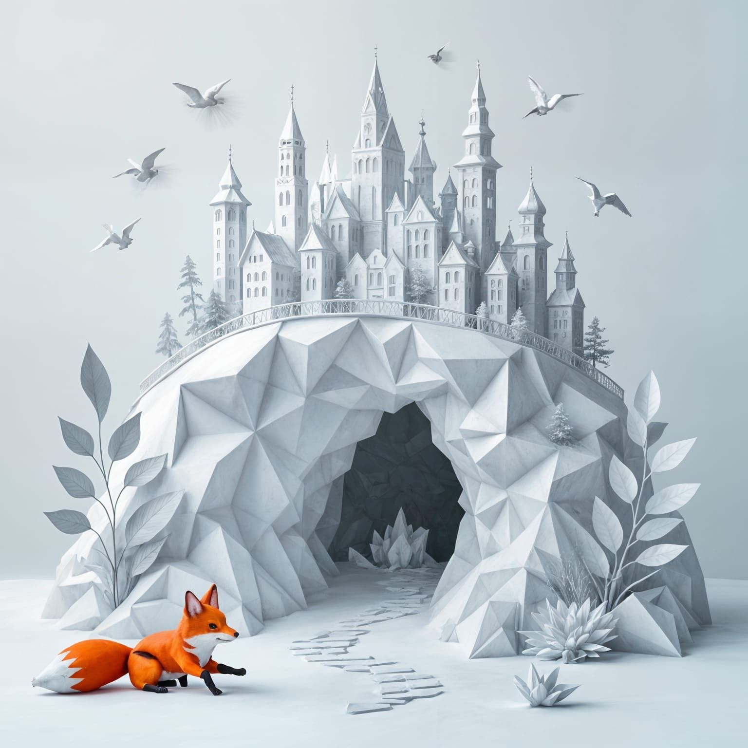 Hyperrealistic Paper Art Cave Entrance with Origami City