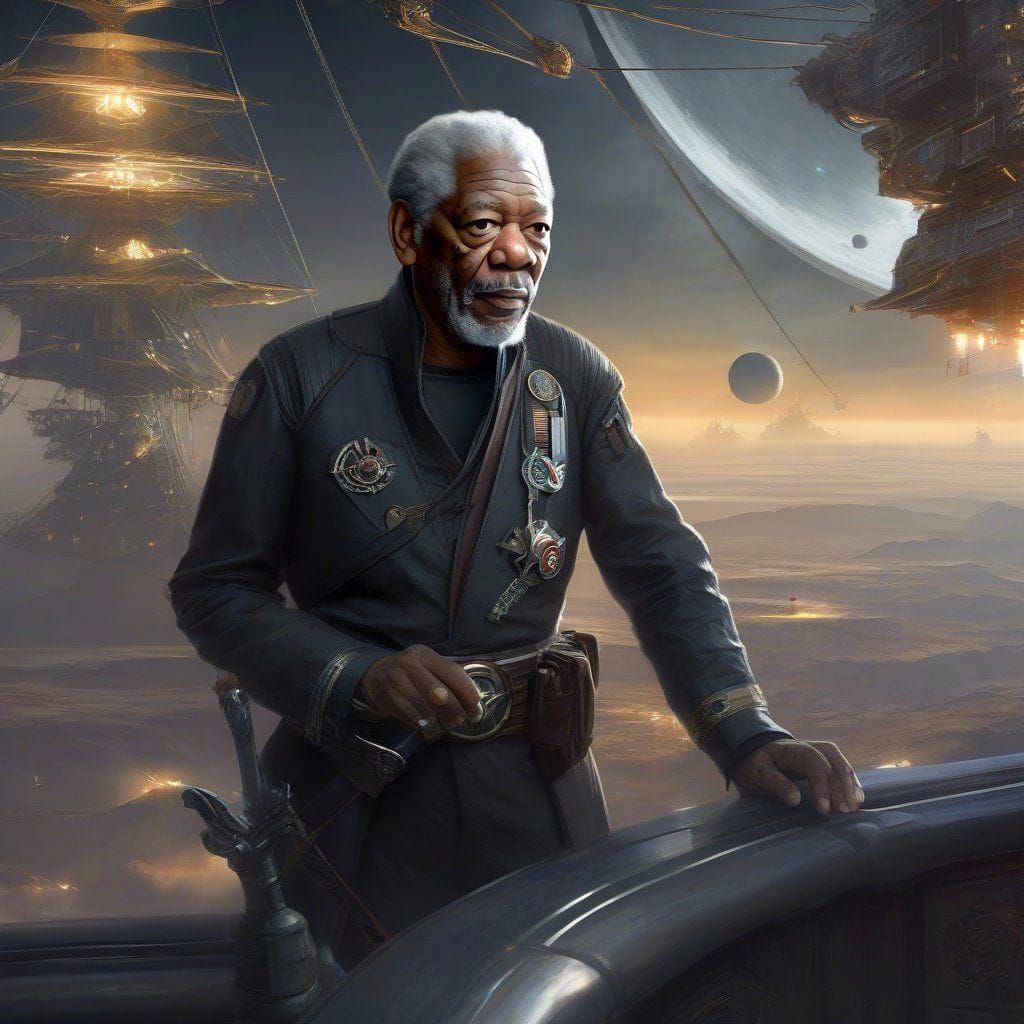 Portrait of Morgan Freeman as Space Pirate Captain Harlock from disney movie "Pirates of the space".  Intricate _details...