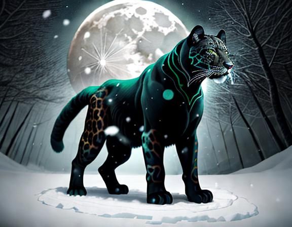 Black Leopard in Snowy Forest, Matte Painting
