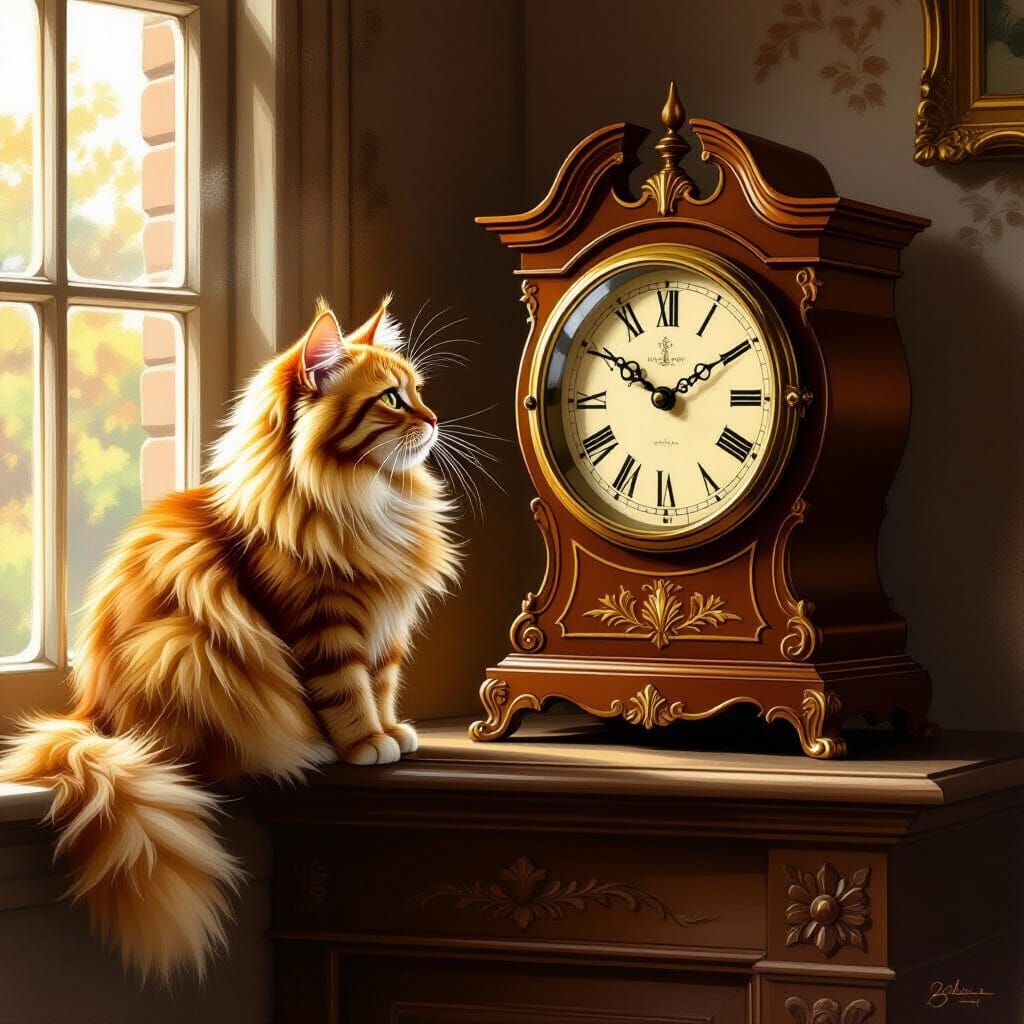 Fluffy Cat Gazes at Whimsical Cat Grandfather Clock