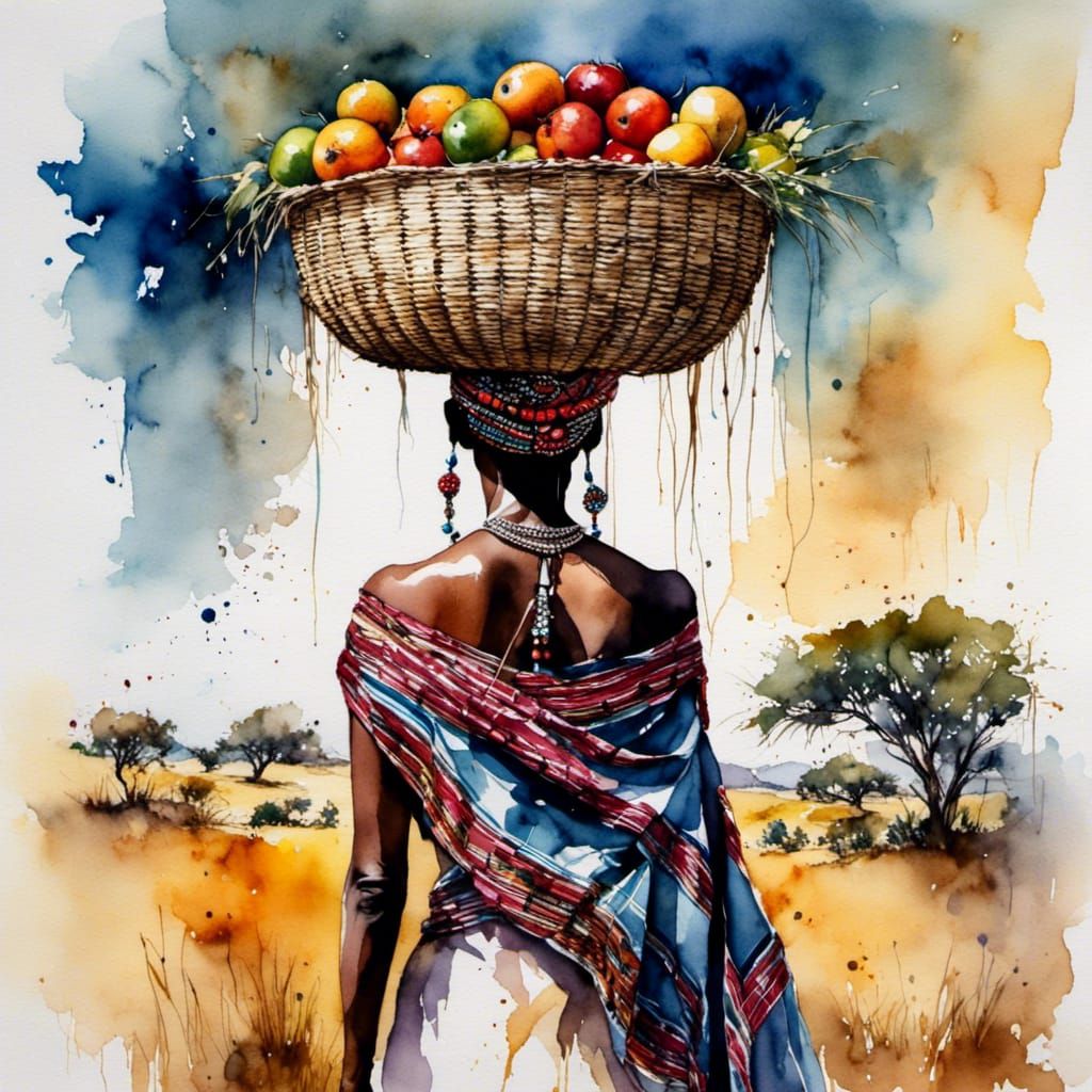Kenyan Woman Carrying Basket: Watercolor Style