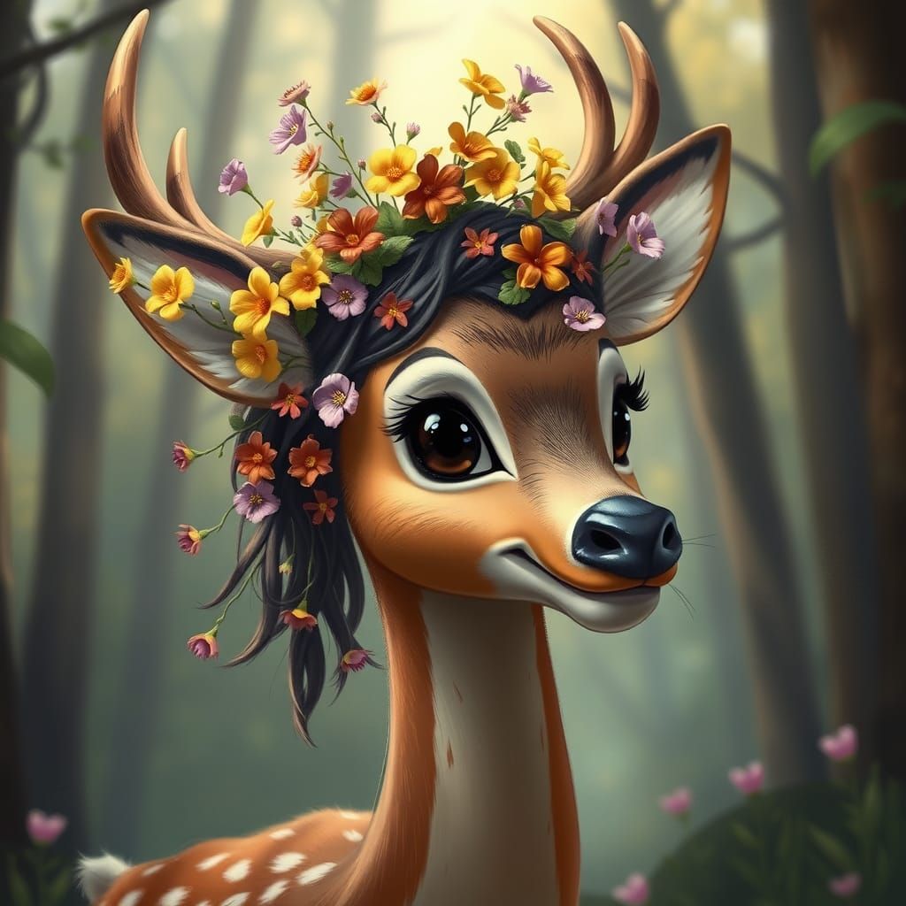 Surreal Deer Enthralls in Forest with Woven Wildflowers
