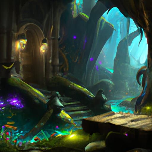 Intricate Magic Dungeon Concept Art in Film Noir Style