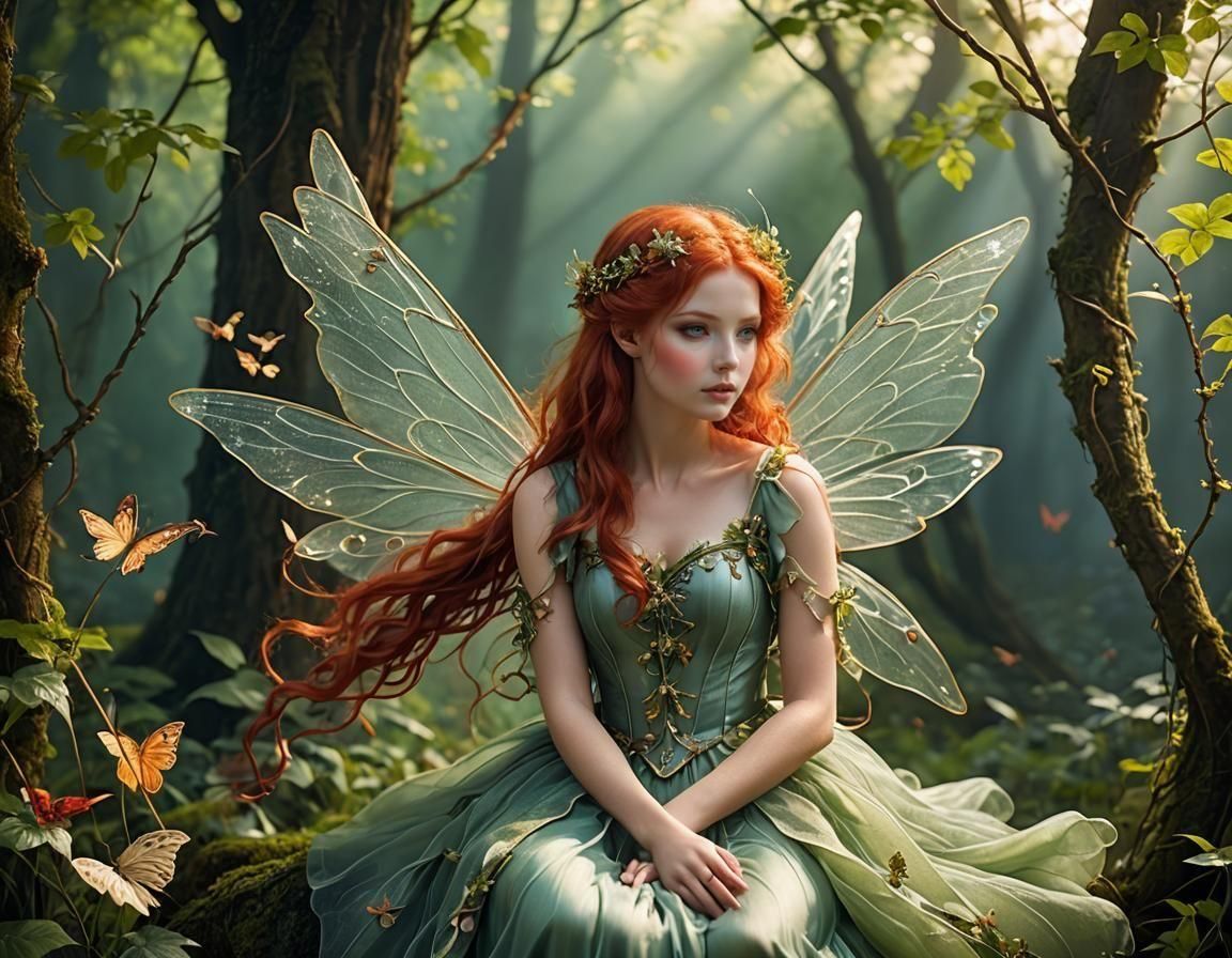 beautiful fairy with red hair, gossamer wings