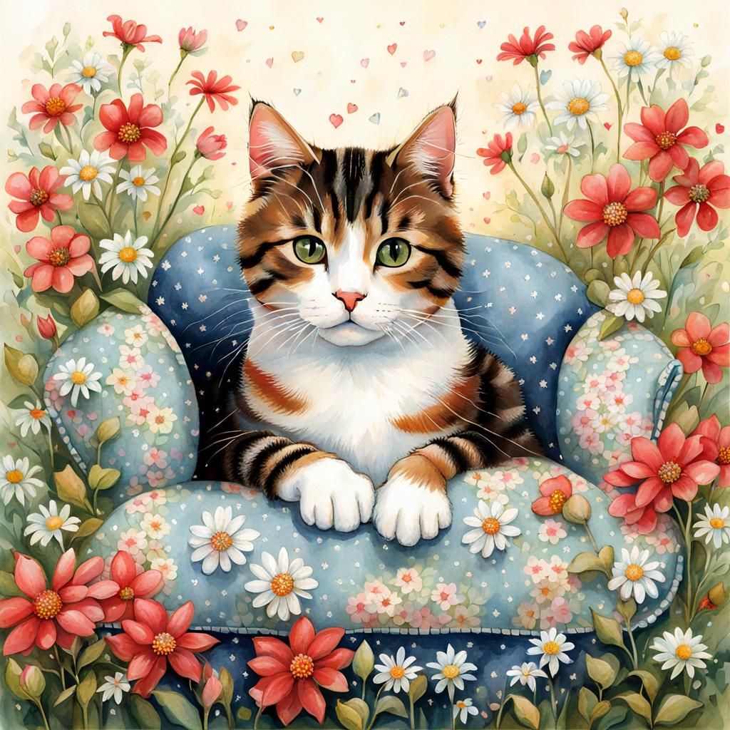 Cute Cat Surrounded by Flowers in Naive Watercolor