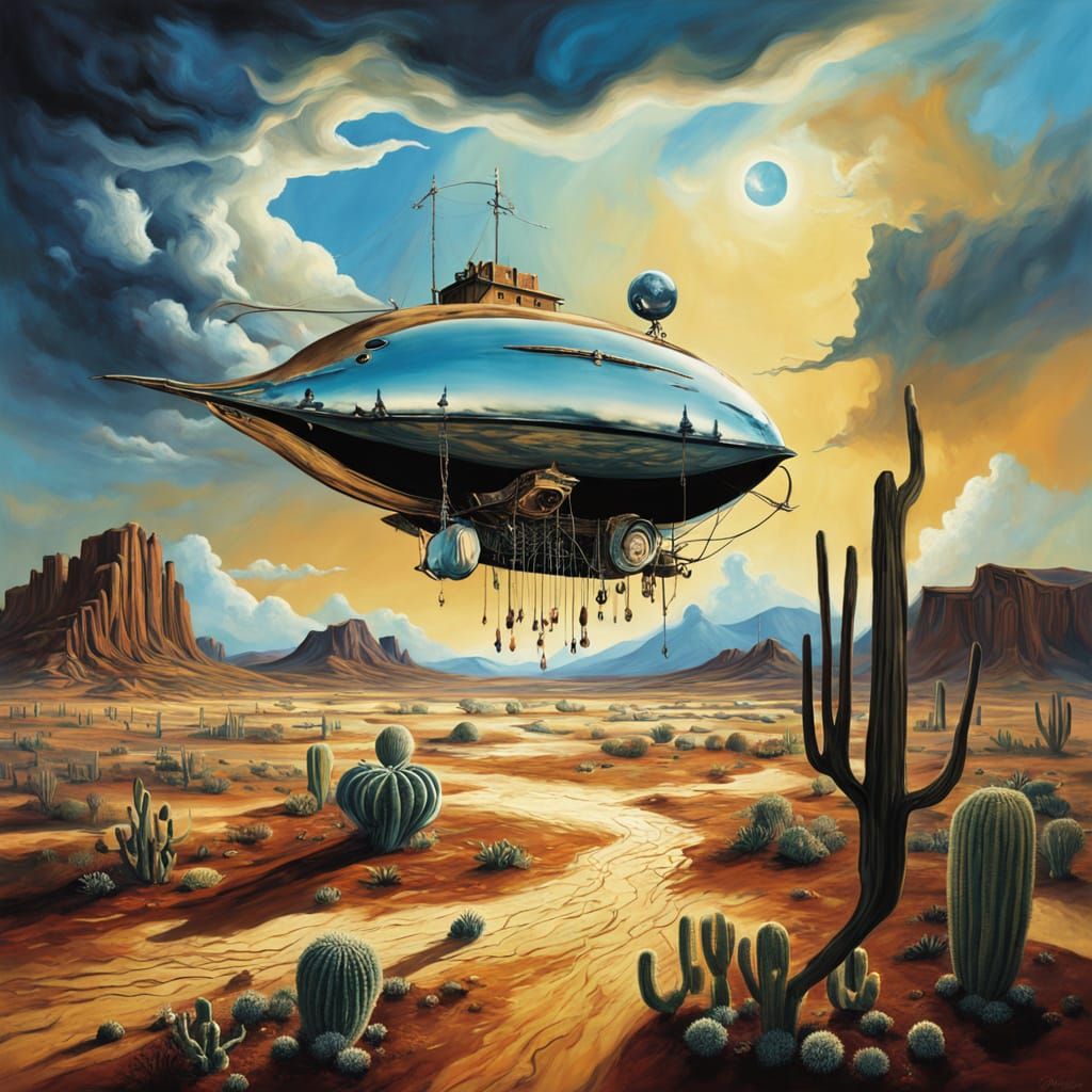 Dreamlike Airship Soars Above Vibrant Desert Landscape in Go...