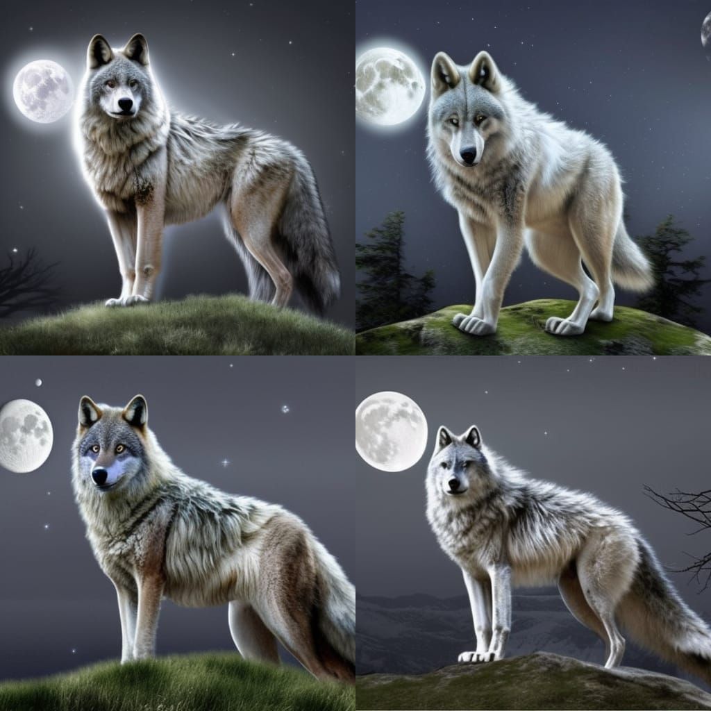 Epic White Wolf Howling at Moon, Hyperrealistic Fantasy
