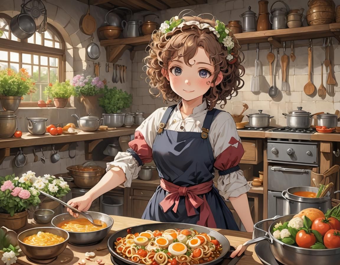 Anime Halfling Cook in Cozy Kitchen
