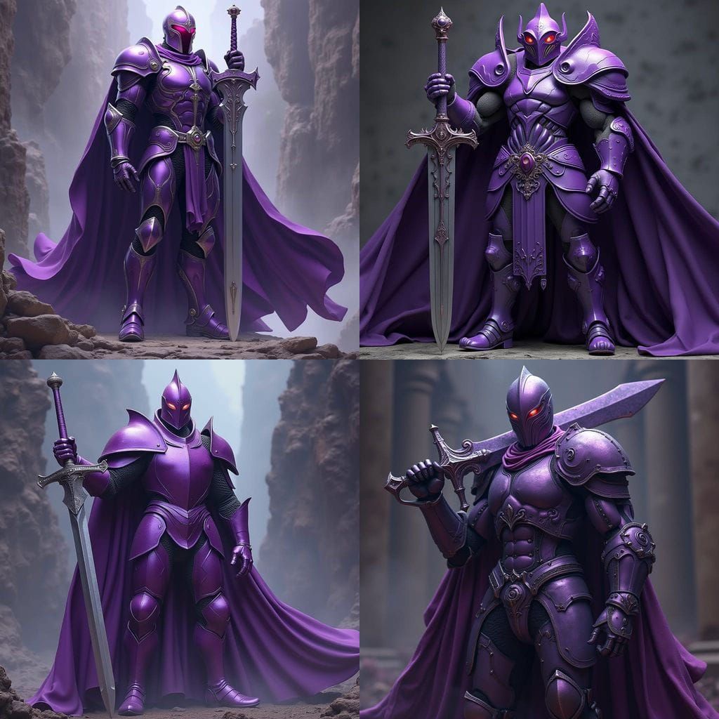 Muscular Knight in Vibrant Purple Armor, Red Eyes, and Epic....