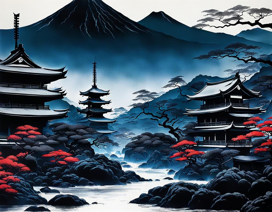 Dark Fantasy Japanese Landscape in Ink Style