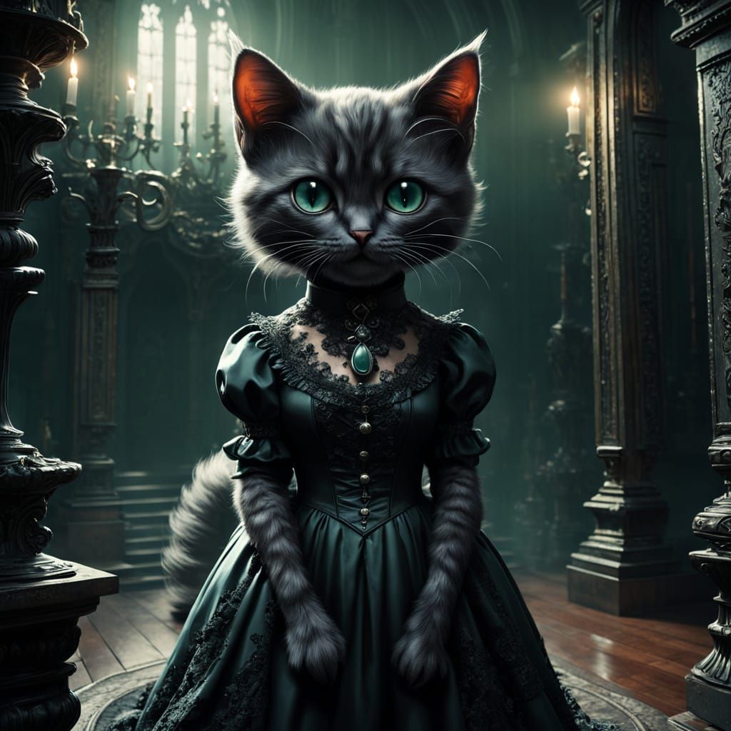 Impasto Oil Painting: Gothic Kitten in Elegant Black Dress