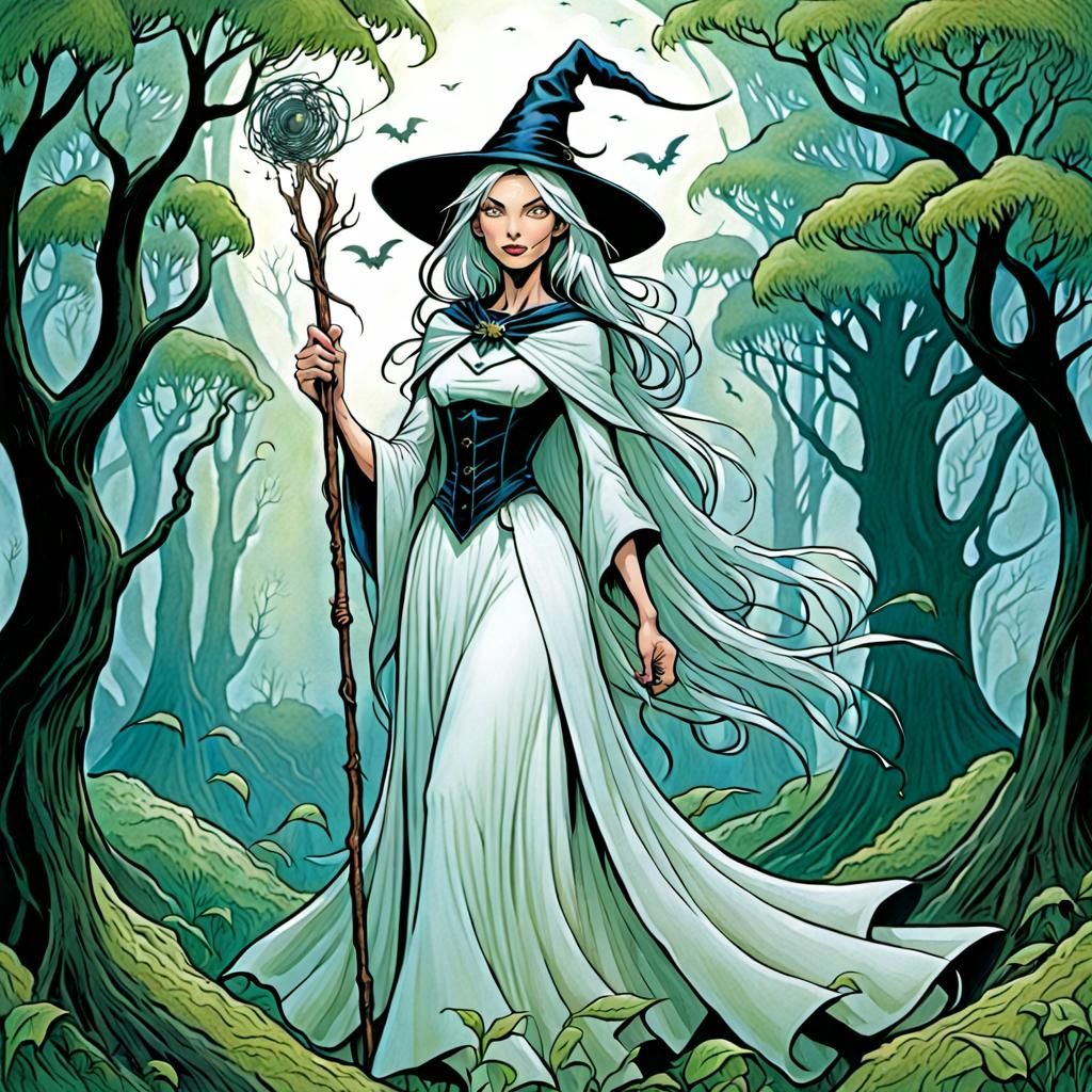 Whimsical Witch Wanders Where Weeping Willows Wait