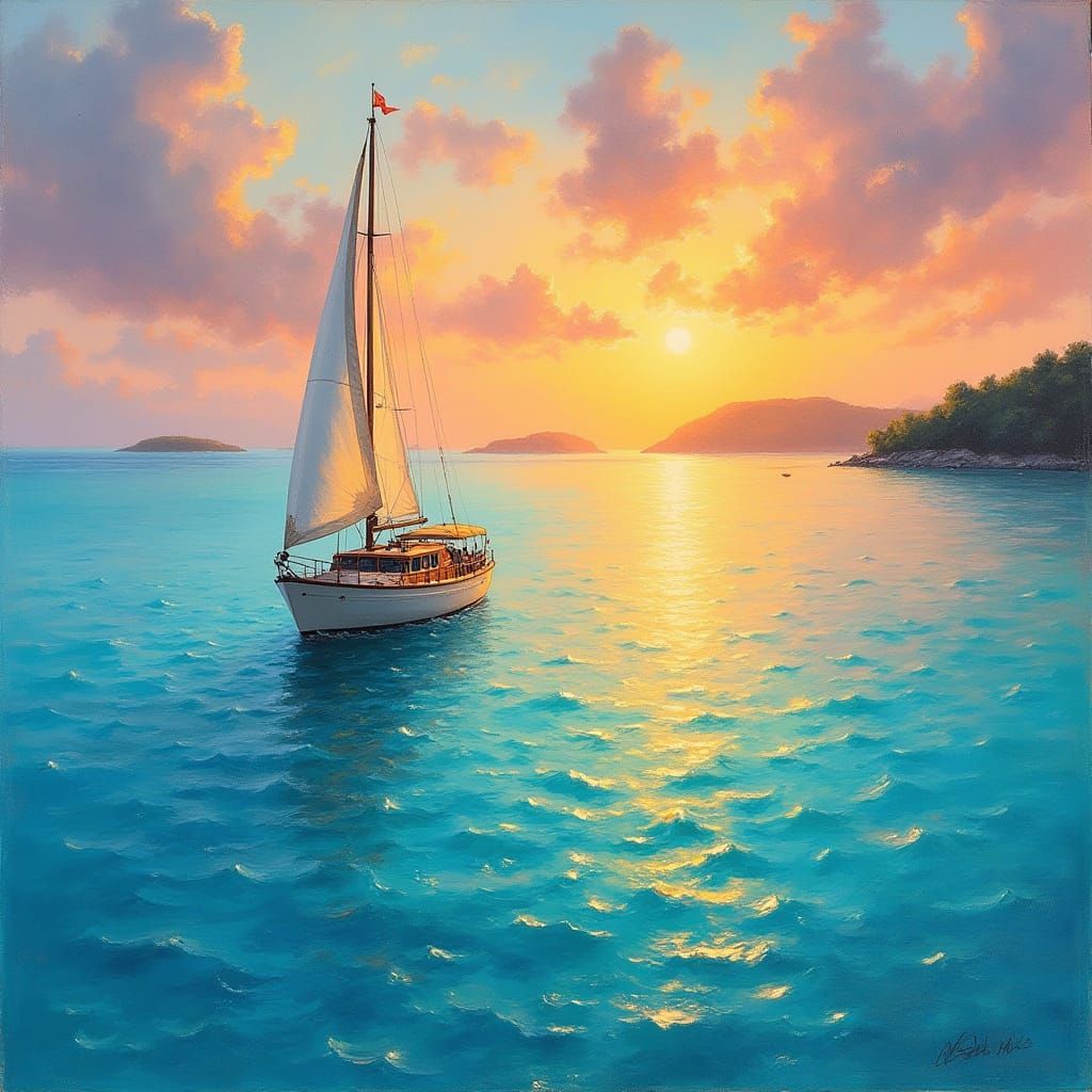 Impressionistic Sunset Sailboat on Turquoise Waters