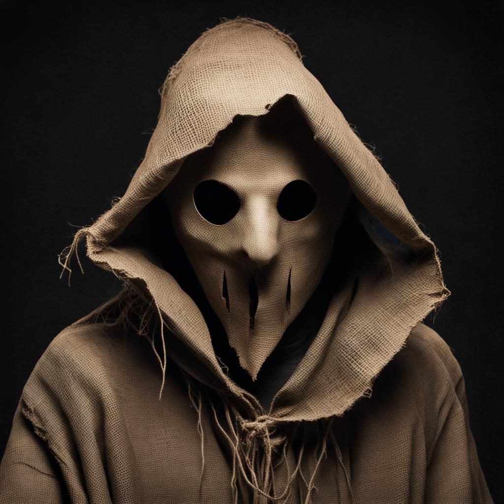 Eerie Figure in Burlap Sack Mask, Hyperrealistic Image