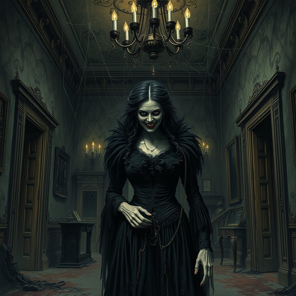 Sinister Lady in Decaying Hotel Grandeur