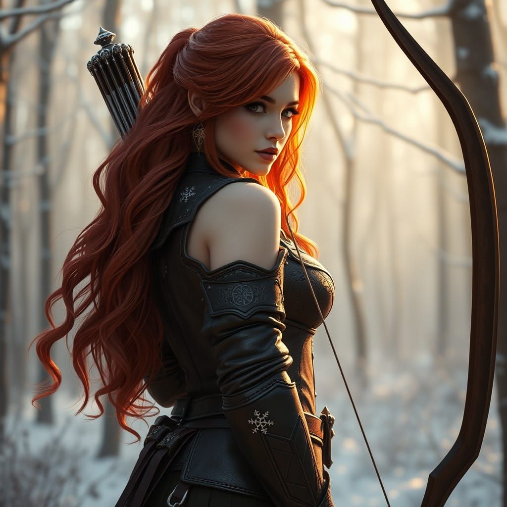 Serene Fantasy Archer in Snowy Forest, Matte Painting Style