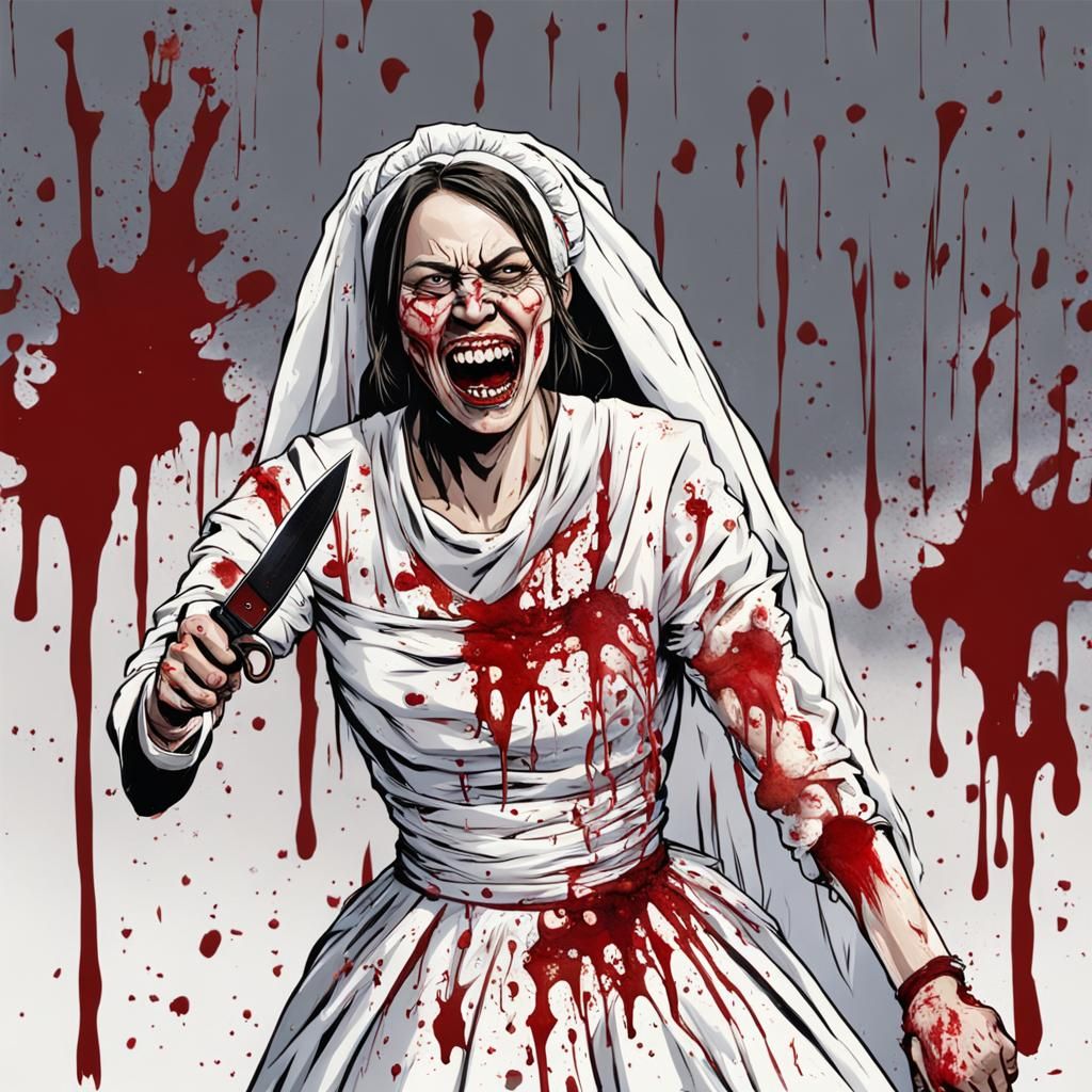 Disturbing Bride with Bloody Knife Laughing