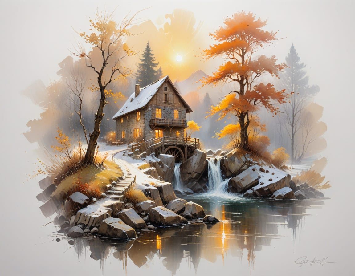 Idyllic Winter Watermill by River in Golden Hour Light