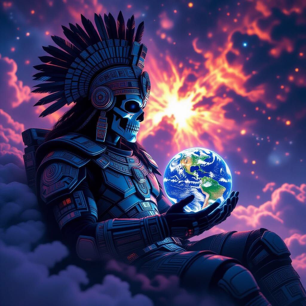 Aztec Death God in Futuristic Space Suit Among Supernova
