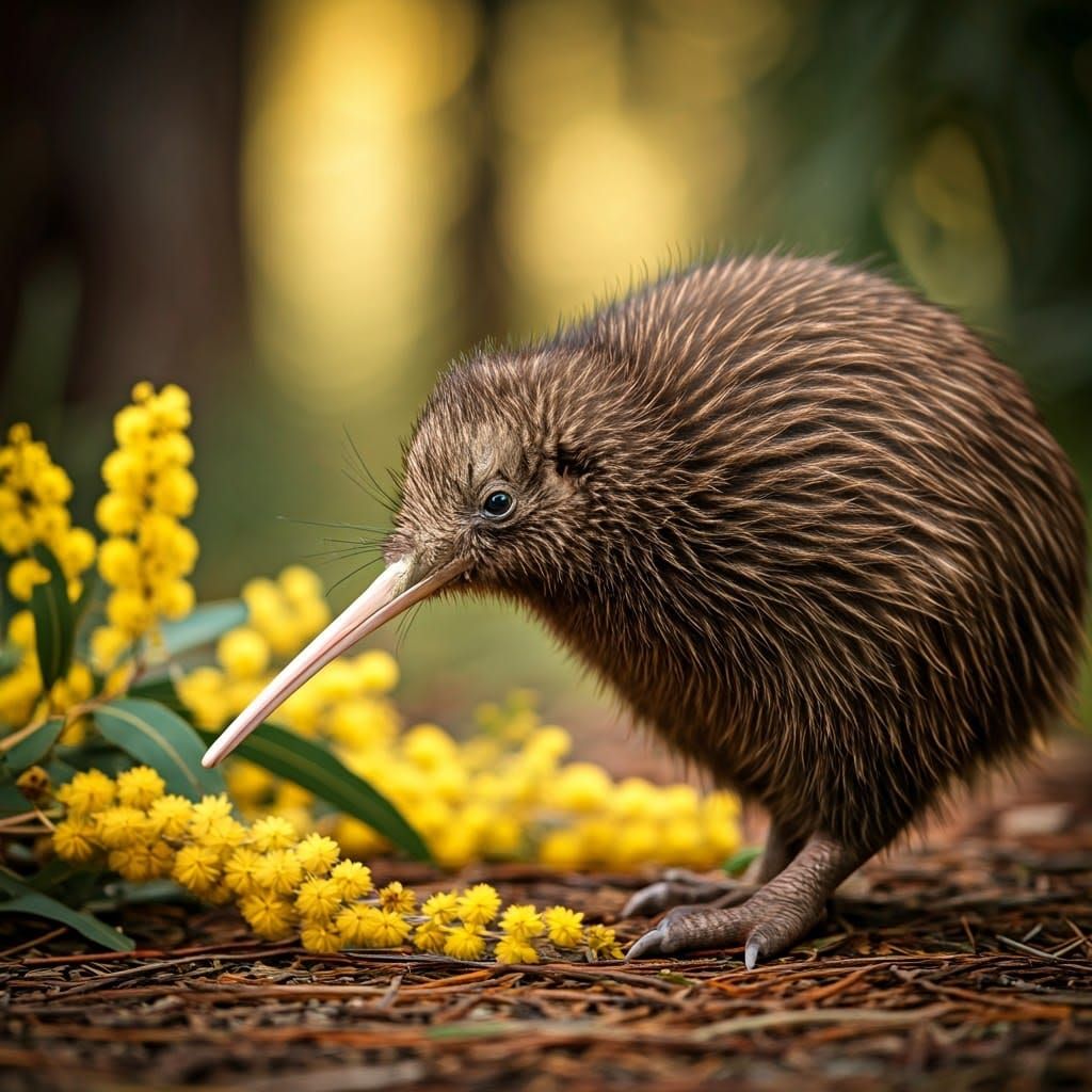Kiwi Bird Amongst Golden Wattle, Wildlife Photography