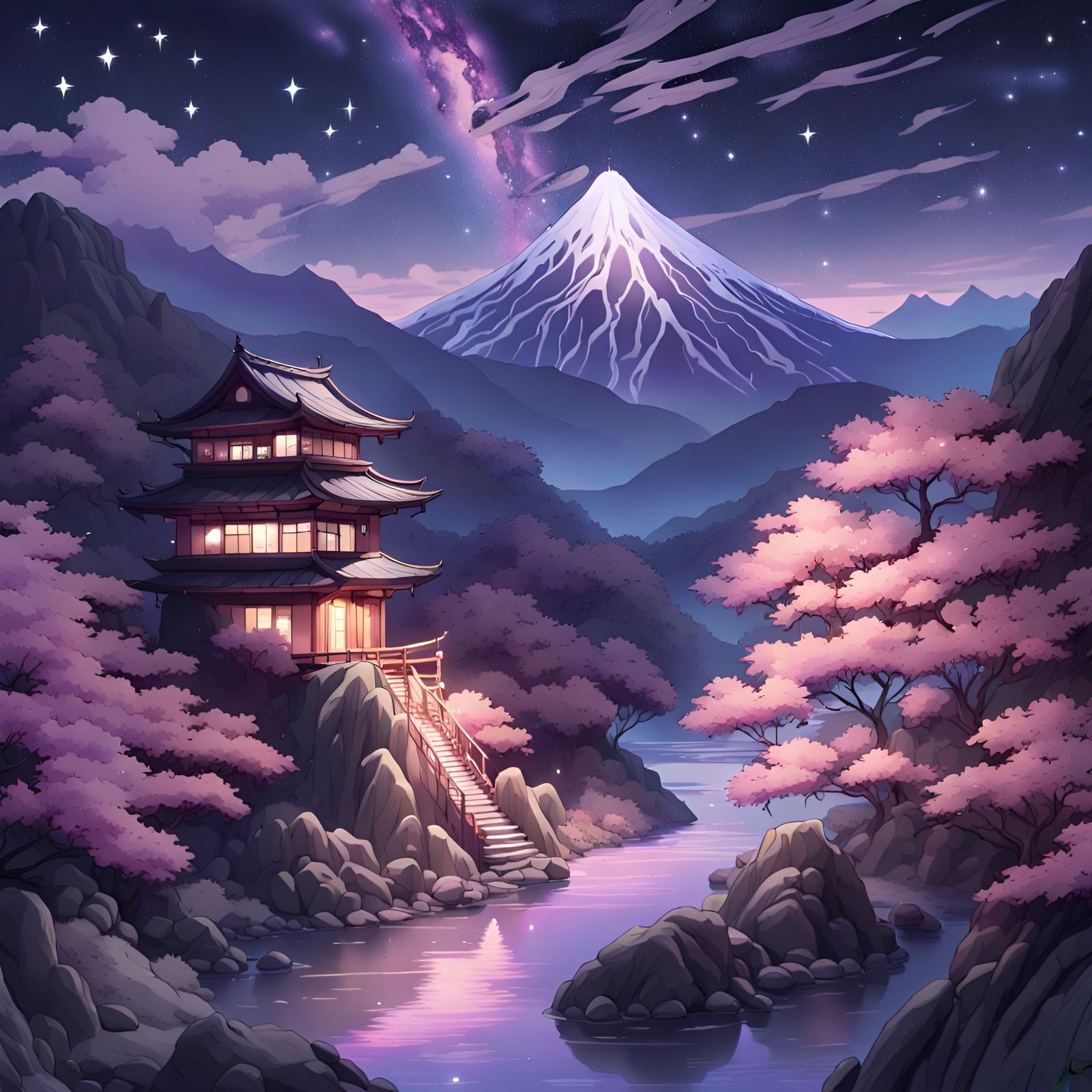 The Enchanting Hideaway: Discover the Secret Purple Pastel Pagoda Embraced by Pink Japanese Maple Trees Along a Serene L...