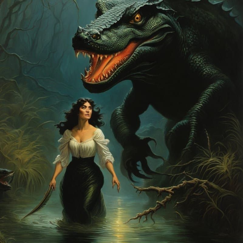 Woman Fleeing Lizardman in Ominous Swamp Painting