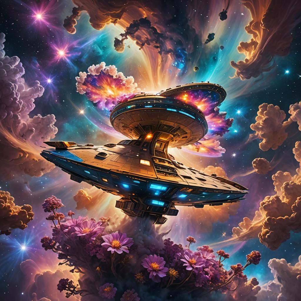 Spaceship Blooms in Nebula: Surreal Digital Art