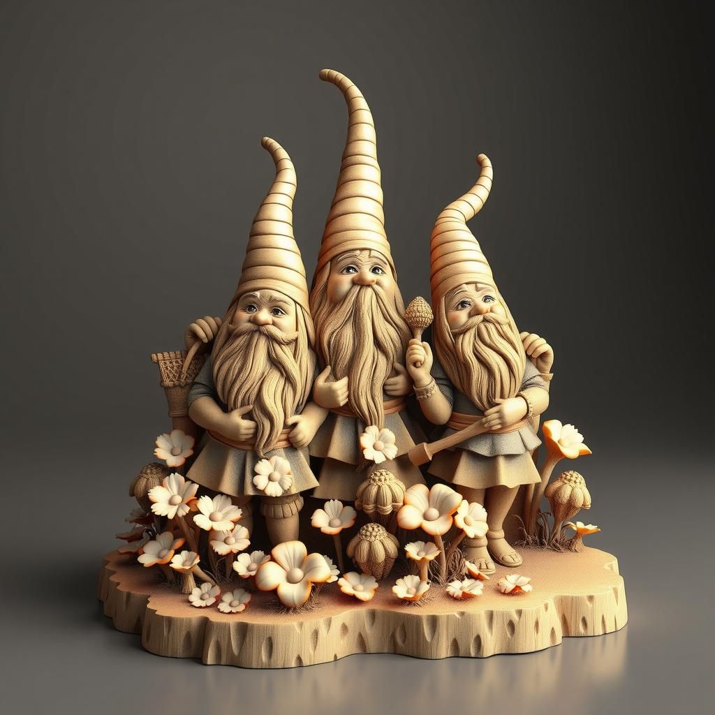 Gnomes in Garden as 3D Wood Carving