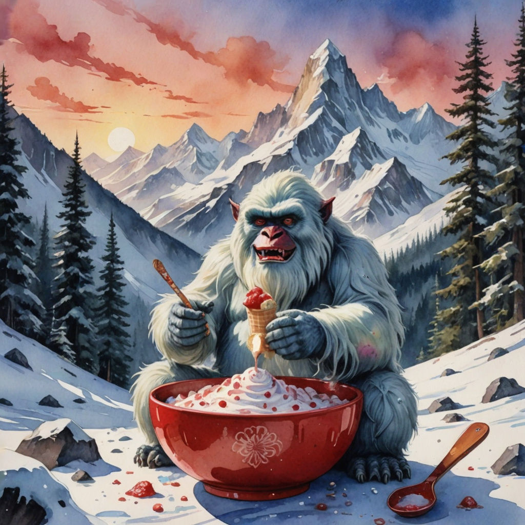 Gigantic Yeti Savoring Watercolor Ice Cream