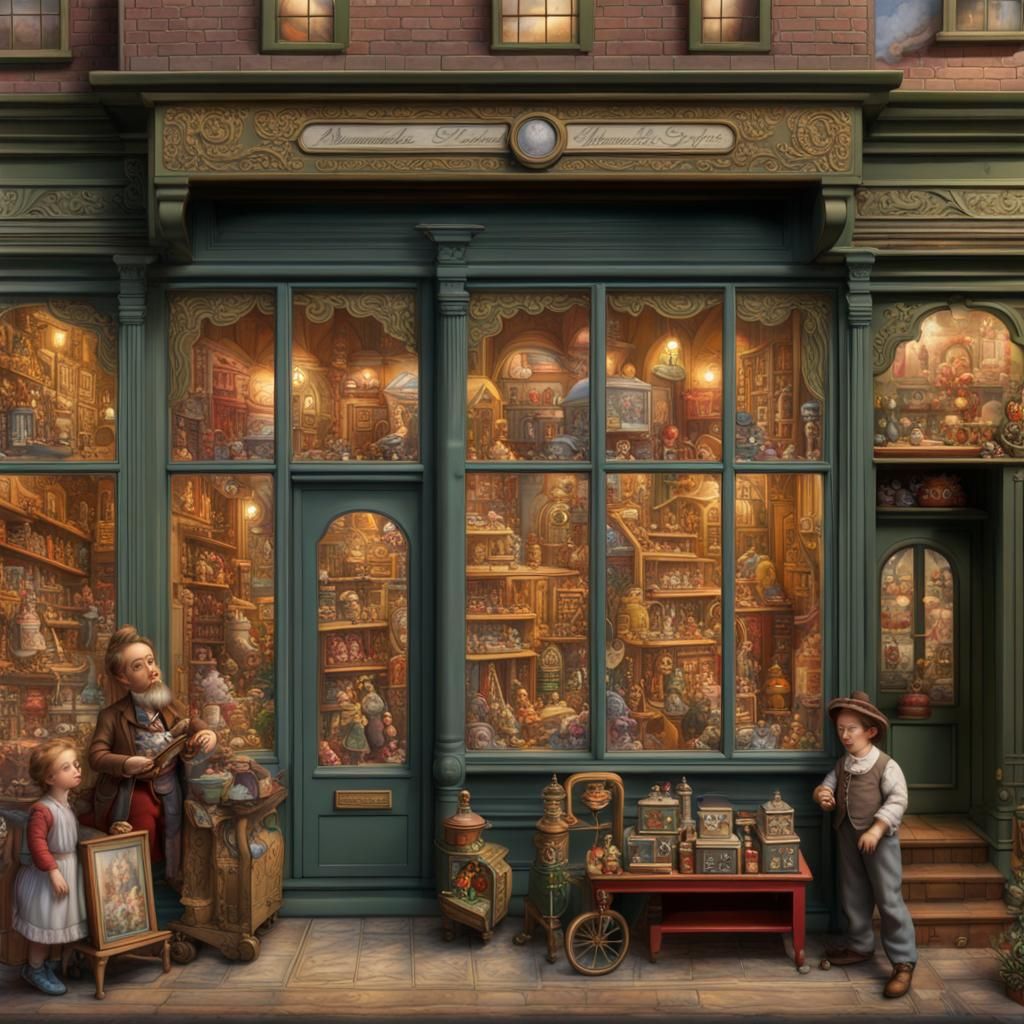 Victorian Toy Store Window Display, Detailed Matte Painting