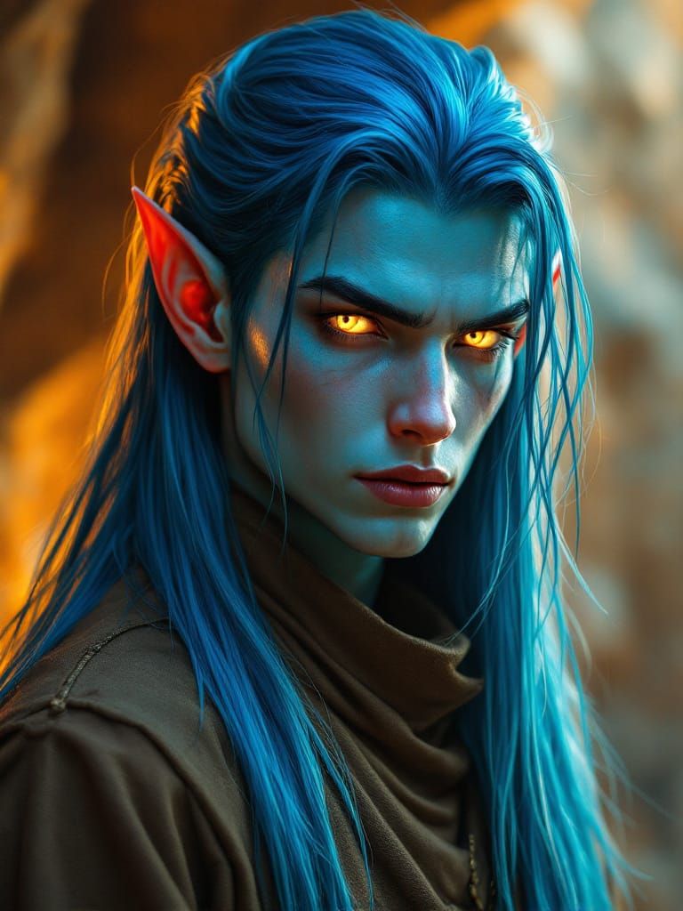 Striking Azure-Haired Elf with Intense Gaze