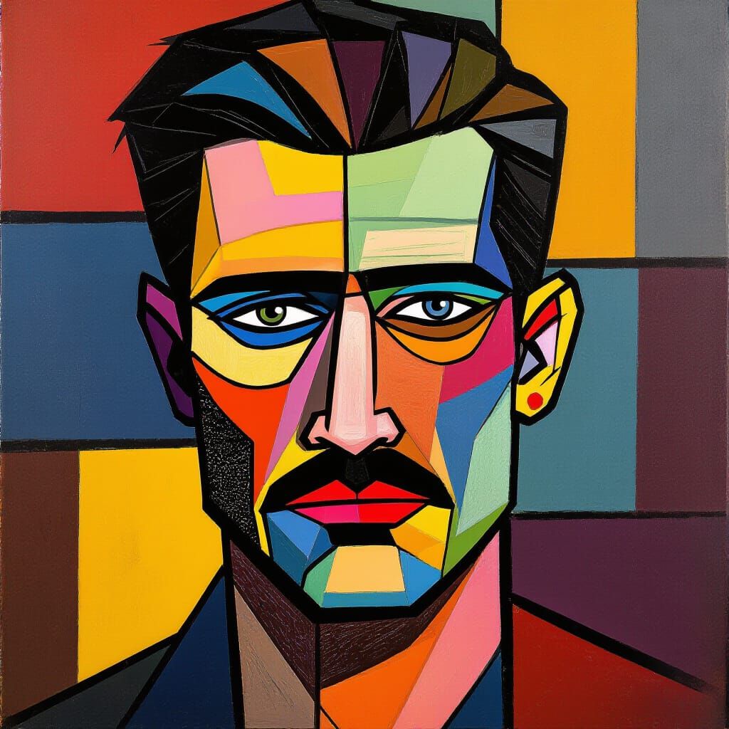 Mosaic Man with Intense Gaze in Abstract Style