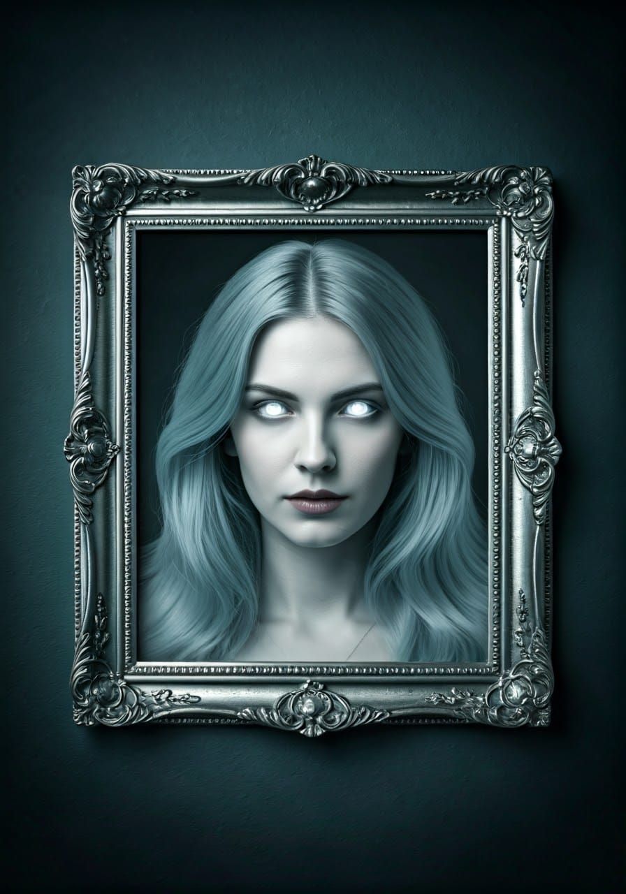 Eerie Portrait: Ghostly Woman in Silver Frame