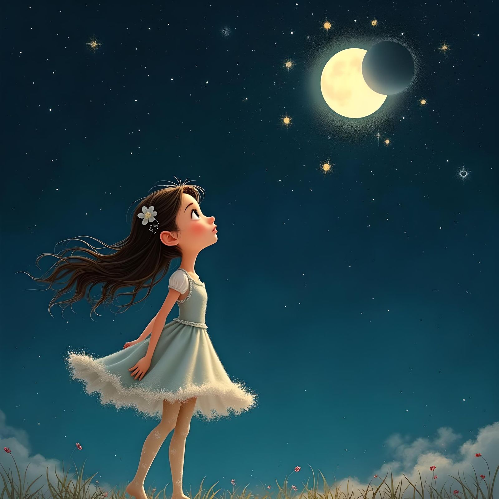 Girl Watching Lunar Eclipse in Starry Sky