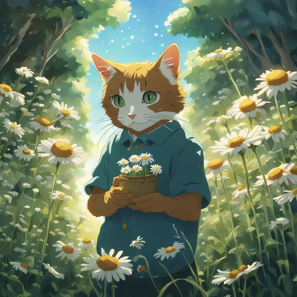 Anime Cat with Chamomile, Ghibli Style