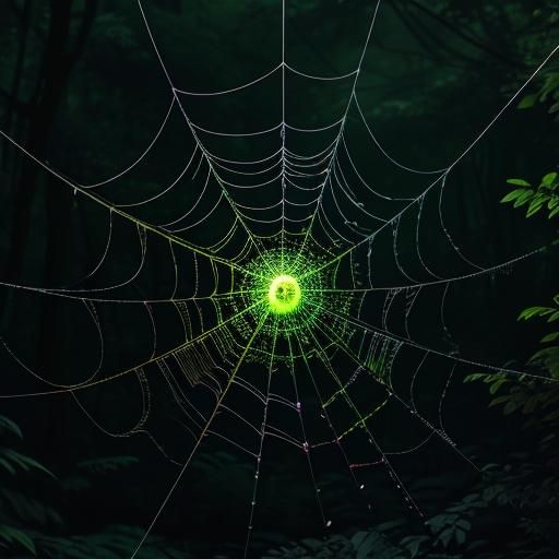 Fluorescent Spider Spinning Webs in Forest